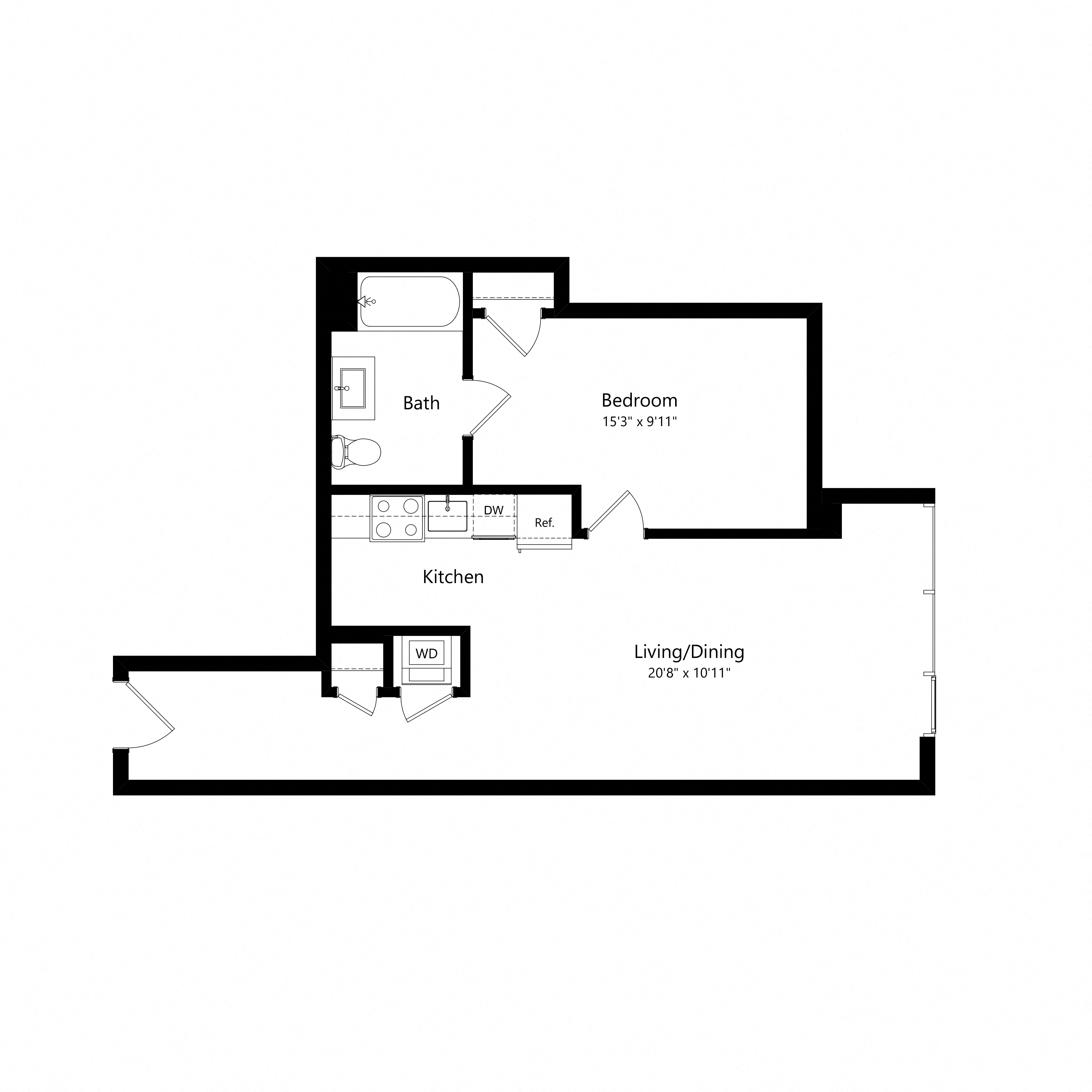 Floor plan for 1 bed, 1 bath, 624 sqft